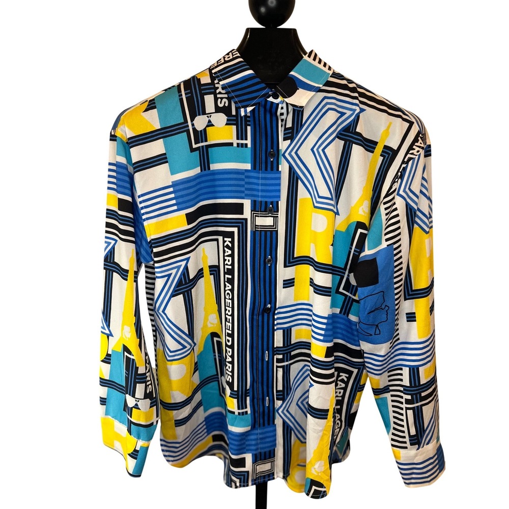 Karl Lagerfeld Paris Geometric Eiffel Tower Print Button Up Shirt Women Medium M